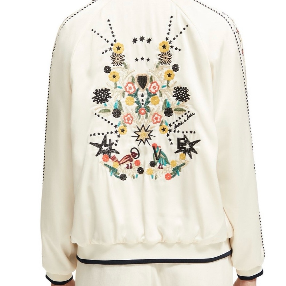 Scotch & Soda Cream Bomber Jacket with Colorful Embroidery